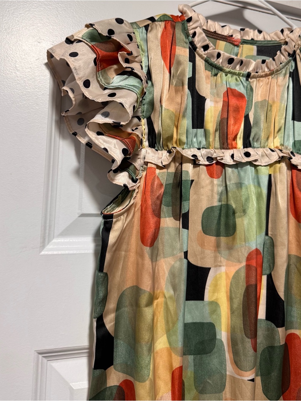 Geometric Ruffle-Sleeve Blouse - Green Multi - Picture 3 of 11